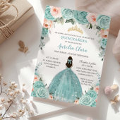Turquoise Blush Floral Princess Gold Quinceañera Kaart