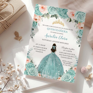 Turquoise Blush Floral Princess Gold Quinceañera Kaart