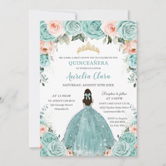Turquoise Blush Floral Princess Gold Quinceañera Kaart (Voorkant)