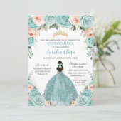 Turquoise Blush Floral Princess Gold Quinceañera Kaart (Staand voorkant)
