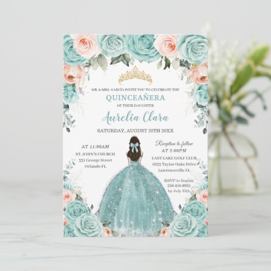 Turquoise Blush Floral Princess Gold Quinceañera Kaart (Staand voorkant)