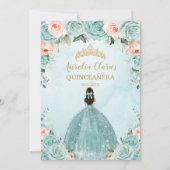 Turquoise Blush Floral Princess Gold Quinceañera Kaart (Achterkant)