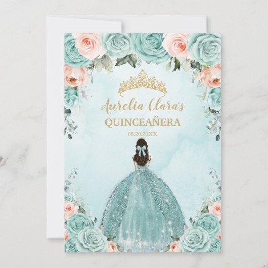 Turquoise Blush Floral Princess Gold Quinceañera Kaart (Achterkant)