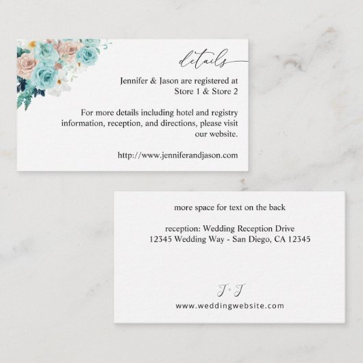 Turquoise & Blush Pink Floral Enclosure Kaart (Voorkant / Achterkant)