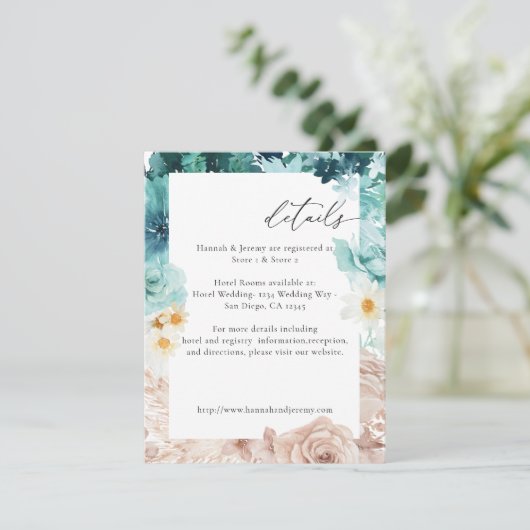 Turquoise & Blush Pink Floral Enclosure Kaart 3-V2 (Staand voorkant)