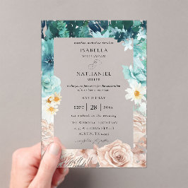 Turquoise & Blush Pink Floral Wedding 2 Acryl Uitnodigingen