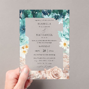 Turquoise & Blush Pink Floral Wedding 2 Acryl Uitnodigingen