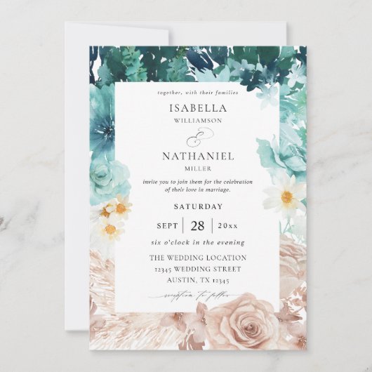 Turquoise & Blush Pink Floral Wedding 2 Kaart (Voorkant)