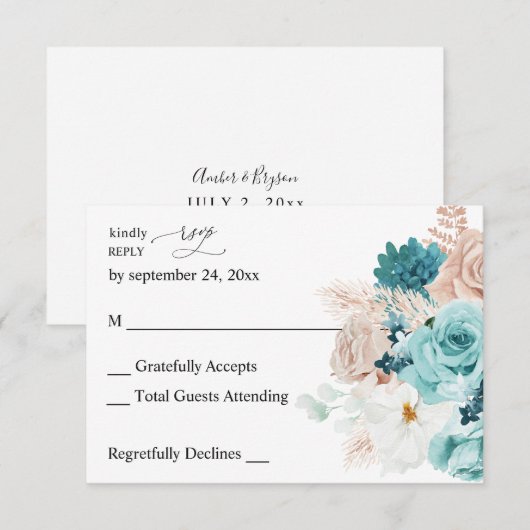 Turquoise & Blush Roze no Meal RSVP Kaartje (Voorkant / Achterkant)