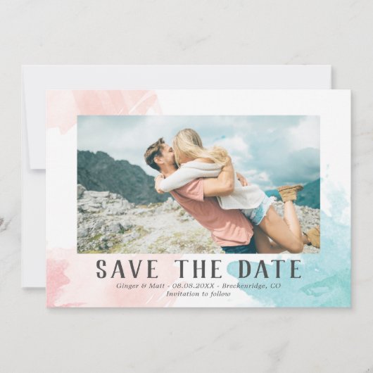 Turquoise & Blush Waterverf - Foto sparen de Datum Save The Date (Voorkant)