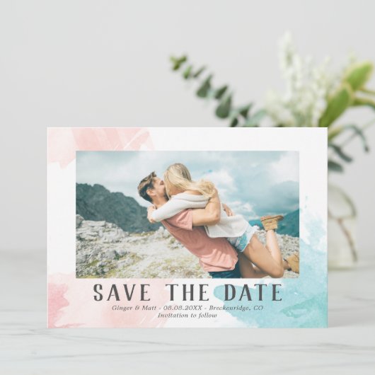 Turquoise & Blush Waterverf - Foto sparen de Datum Save The Date (Staand voorkant)