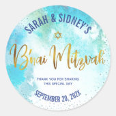 Turquoise B'nai Mitzvah Gold Script-Waterverf Ronde Sticker (Voorkant)