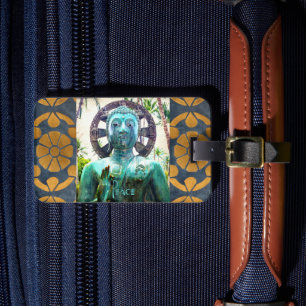 Turquoise Boeddha Foto Vrede Quote Antiek Mozaïek Bagagelabel