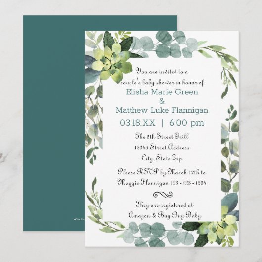 Turquoise Boeket Frame - Baby Shower van het Koppe Kaart (Voorkant / Achterkant)
