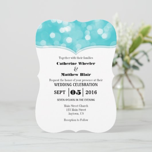 Turquoise Bokeh Glitter Lights Wedding Invites Kaart (Staand voorkant)