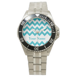 Turquoise Bold Chevron met monogram Horloge