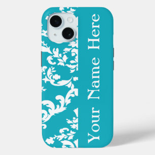 Turquoise Bold Damask w/ name @ Emporiomoffa iPhone 15 Case