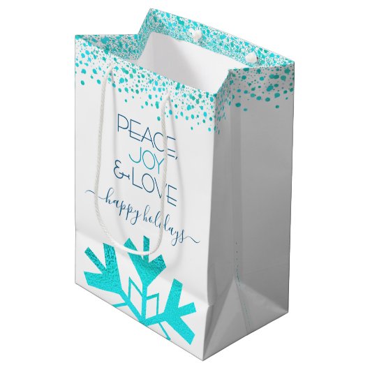 Turquoise Bold Sneeuwvlok Vrede Vreugde Liefde Typ Medium Cadeauzakje (Voorkant Gekanteld)