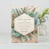 Turquoise Botanische Romantische Bruiloft Kaart (Staand voorkant)