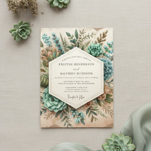 Turquoise Botanische Romantische Bruiloft Kaart