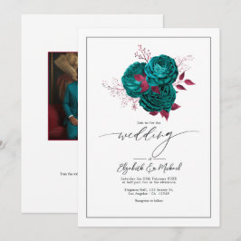 Turquoise & Bourgondische Bloemige Trouwfoto QR-co Kaart