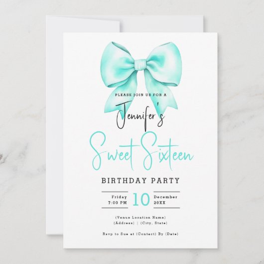 Turquoise Bow Coquette Schattige Script Sweet 16 Kaart (Voorkant)