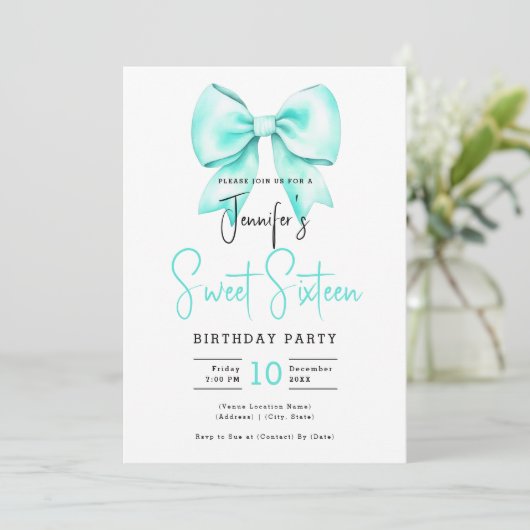 Turquoise Bow Coquette Schattige Script Sweet 16 Kaart (Staand voorkant)