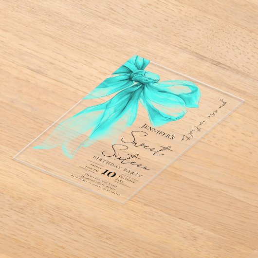 Turquoise Bow Coquette Script Sweet 16 Party Acryl Uitnodigingen (Laagn)