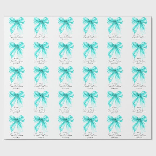 Turquoise Bow Coquette Script Sweet 16 Party Cadeaupapier (Vlak)