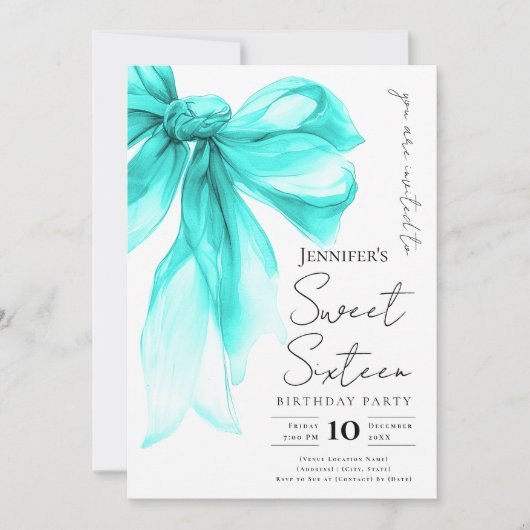 Turquoise Bow Coquette Script Sweet 16 Party  Kaart (Voorkant)