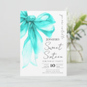 Turquoise Bow Coquette Script Sweet 16 Party  Kaart (Staand voorkant)