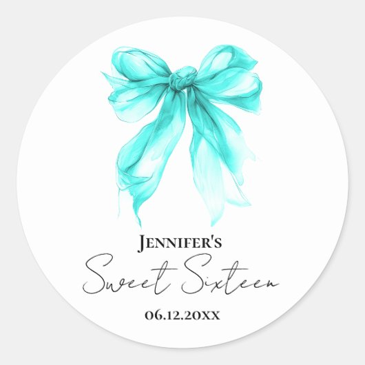 Turquoise Bow Coquette Script Sweet 16 Party Ronde Sticker (Voorkant)