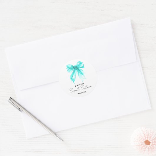 Turquoise Bow Coquette Script Sweet 16 Party Ronde Sticker (Envelop)
