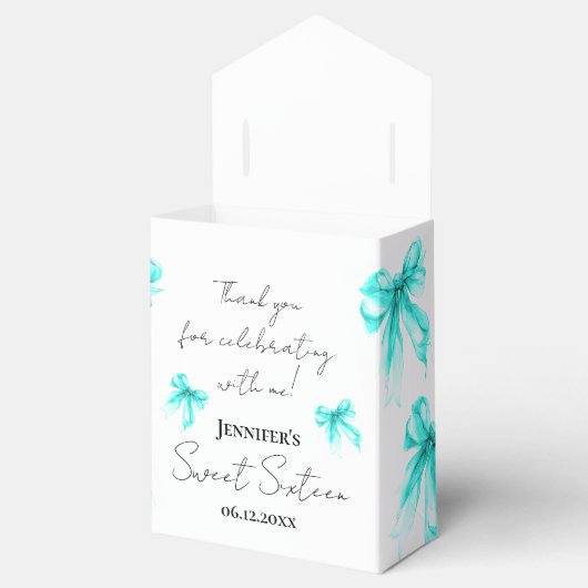 Turquoise Bow Coquette Script Sweet 16 Thank You  Bedankdoosjes (Geopend)