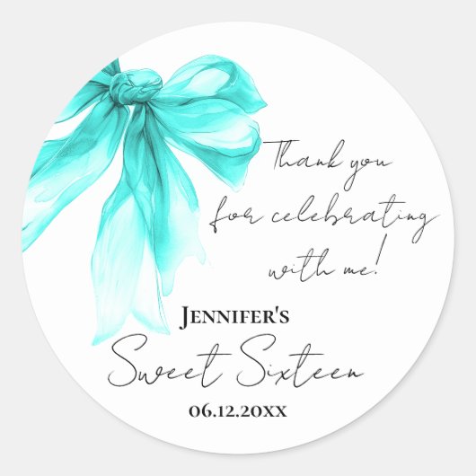 Turquoise Bow Coquette Script Sweet 16 Thank You  Ronde Sticker (Voorkant)