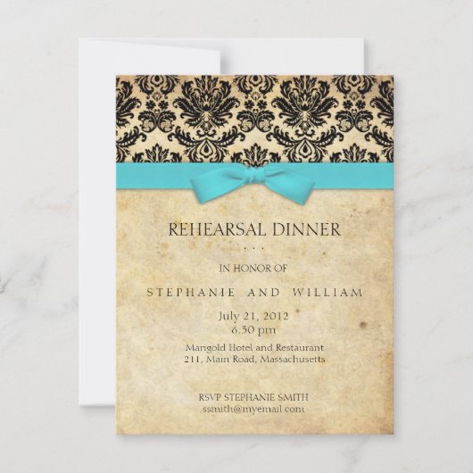 Turquoise Bow Damask Rehearsal Dinner Invitation Kaart (Voorkant)