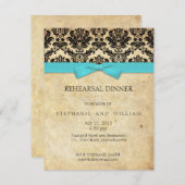 Turquoise Bow Damask Rehearsal Dinner Invitation Kaart (Voorkant / Achterkant)