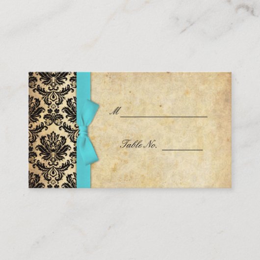 Turquoise Bow Damask Wedding Plaatskaarten Plaatskaartje (Voorkant)