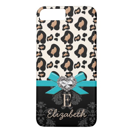 Turquoise Bow Heart Shaped Faux Bling Leopard Case-Mate iPhone Case (Achterkant)