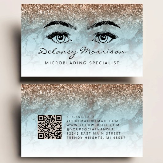 Turquoise Bronze Marble Eyes QR Code Microblading Visitekaartje
