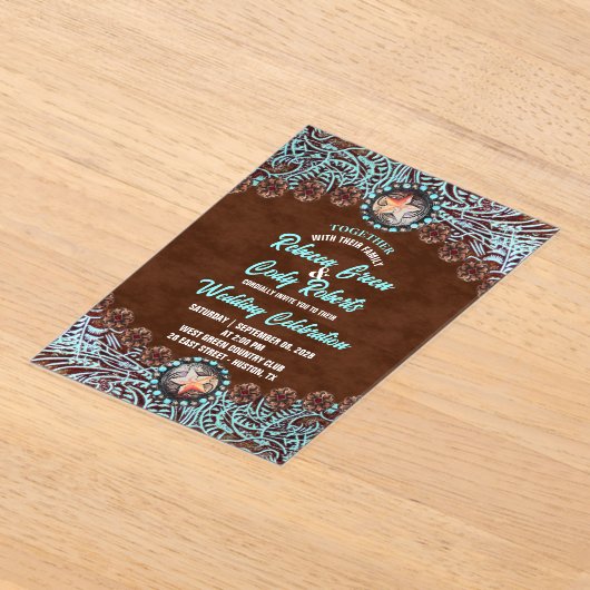 Turquoise Brown Cowboy Country Westerne bruiloft Acryl Uitnodigingen (Laagn)