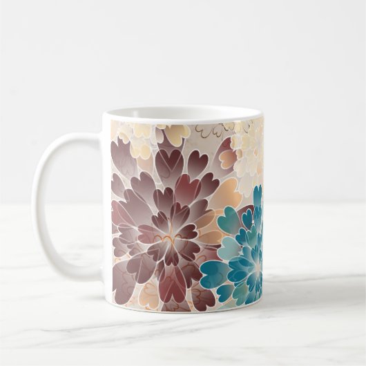 Turquoise Brown & Cream Flowers Retro Koffiemok (Links)