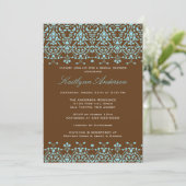 Turquoise & Brown Damask Bridal Shower Invitation Kaart (Staand voorkant)