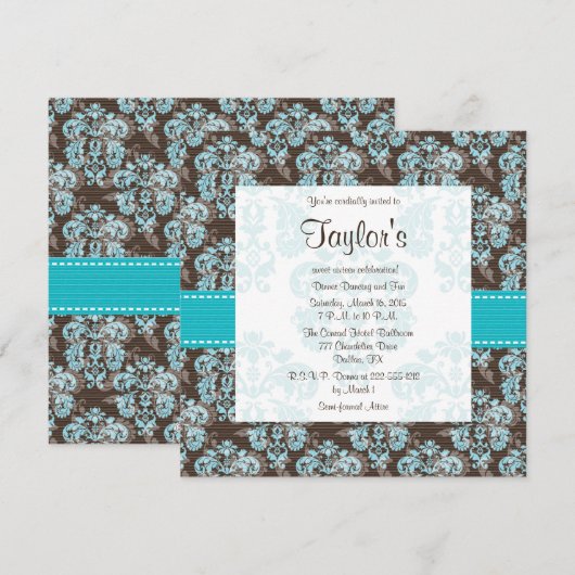 Turquoise Brown Damask Sweet Sixteen uitnodigingen (Voorkant / Achterkant)
