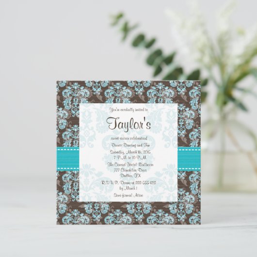 Turquoise Brown Damask Sweet Sixteen uitnodigingen (Staand voorkant)
