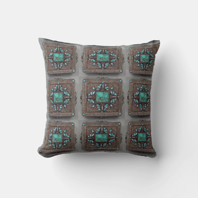 Turquoise & Brown Nepali Pillow Kussen (Voorkant)