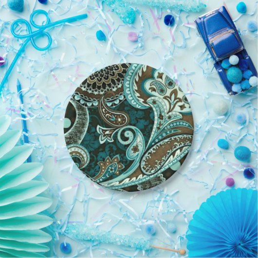 Turquoise Brown  Paisley Papieren Bordje (Feest)