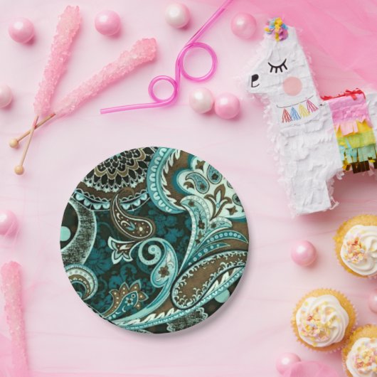 Turquoise Brown  Paisley Papieren Bordje (Feest)