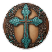 Turquoise Brown Religious Western Country Cross Keramische Knop (Voorkant)