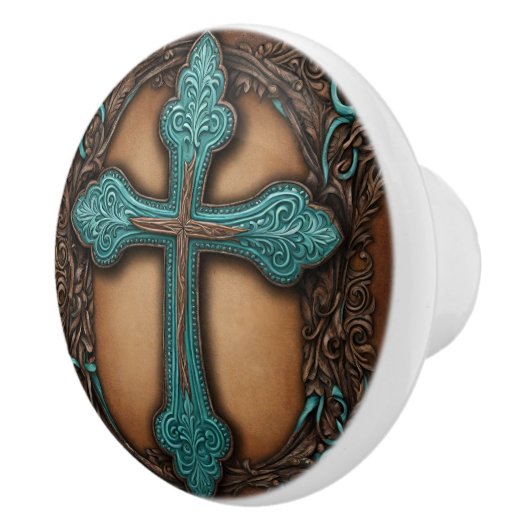 Turquoise Brown Religious Western Country Cross Keramische Knop (Rechts)